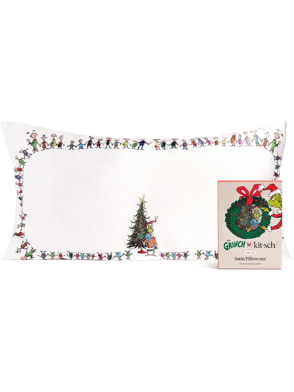 Kitsch Grinch Satin Pillowcase in White with Green and Red Accents